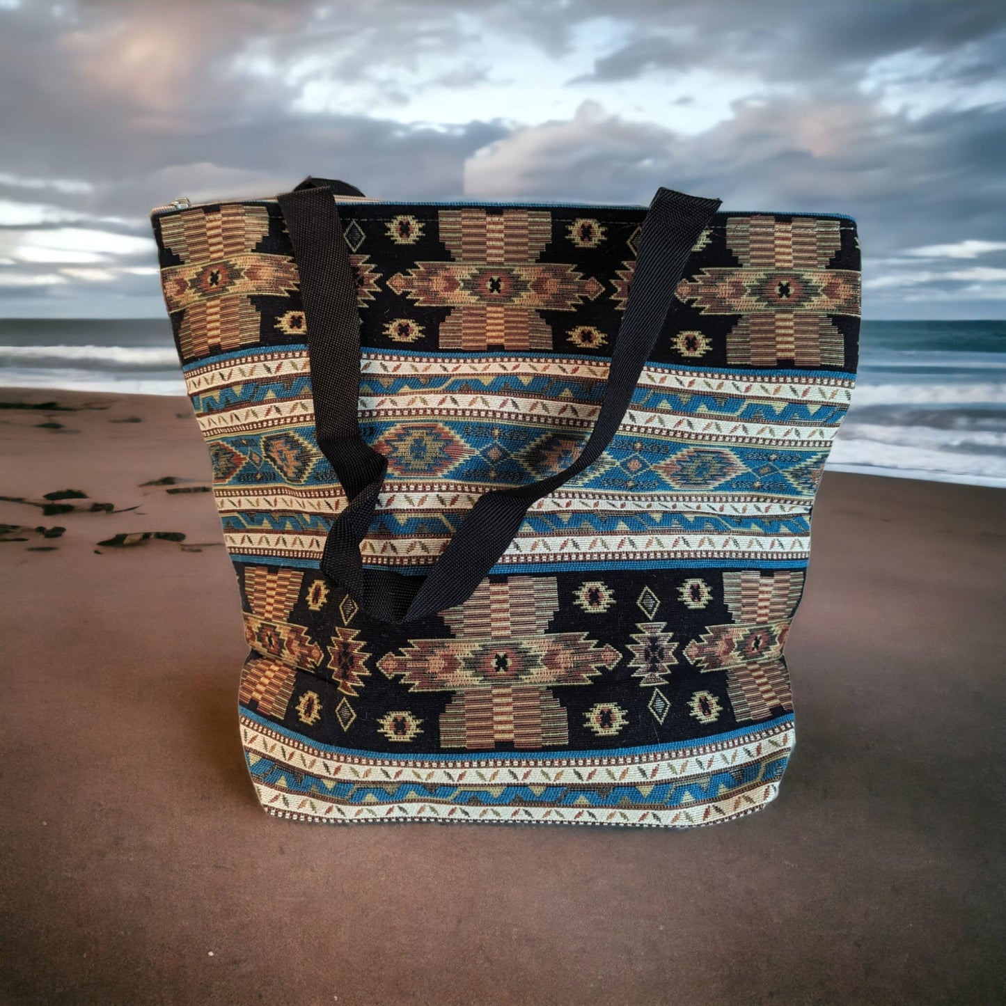 Elegant Cotton Tote, Beach Bag β Intricate Kilim Design, Aztec Print, Bohemian - The Humble Crescent