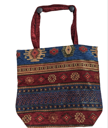 Elegant Chenille Tote, Beach Bag — Intricate Kilim Design, Aztec Print, Bohemian