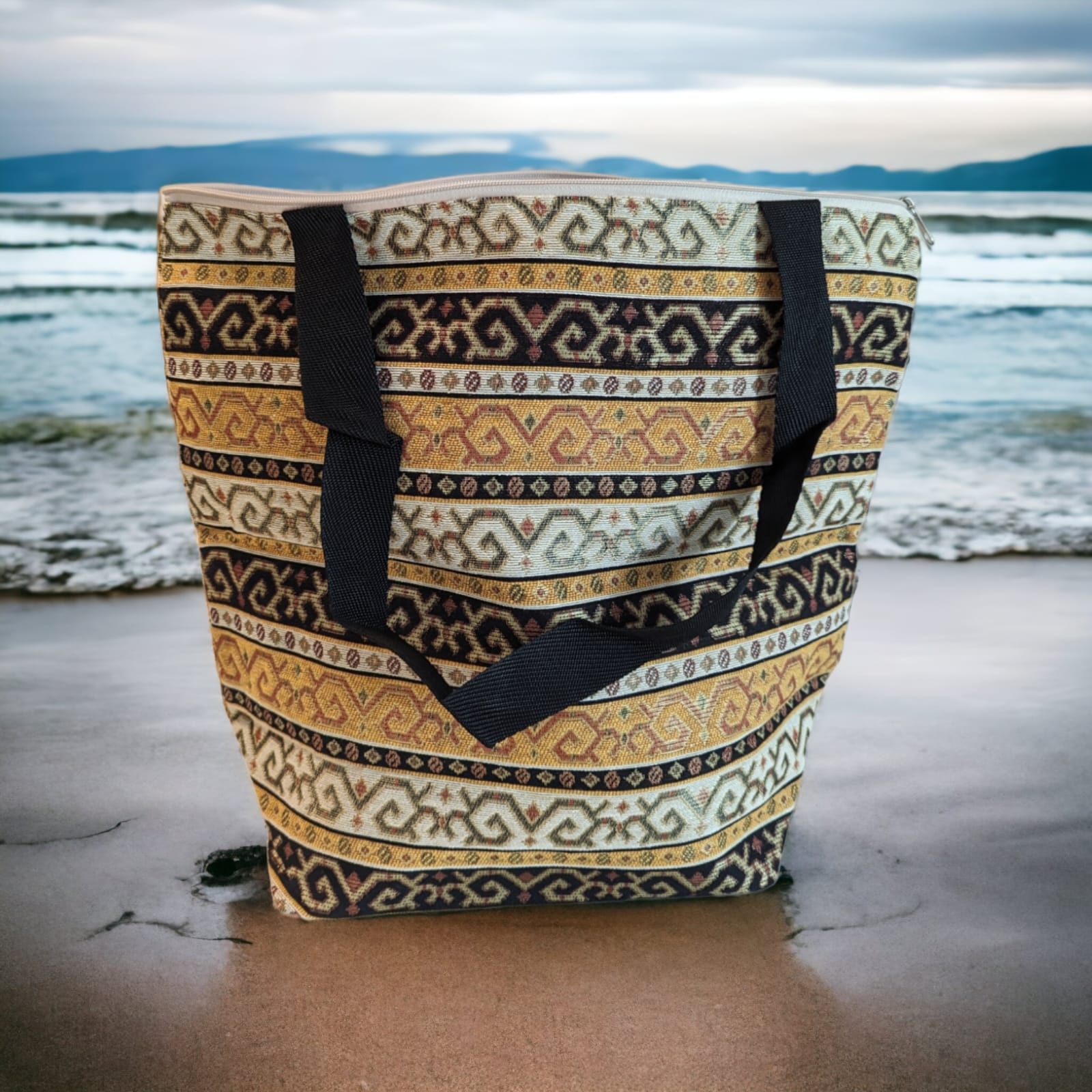 Elegant Cotton Tote, Beach Bag — Intricate Kilim Design, Aztec Print, Bohemian - The Humble Crescent