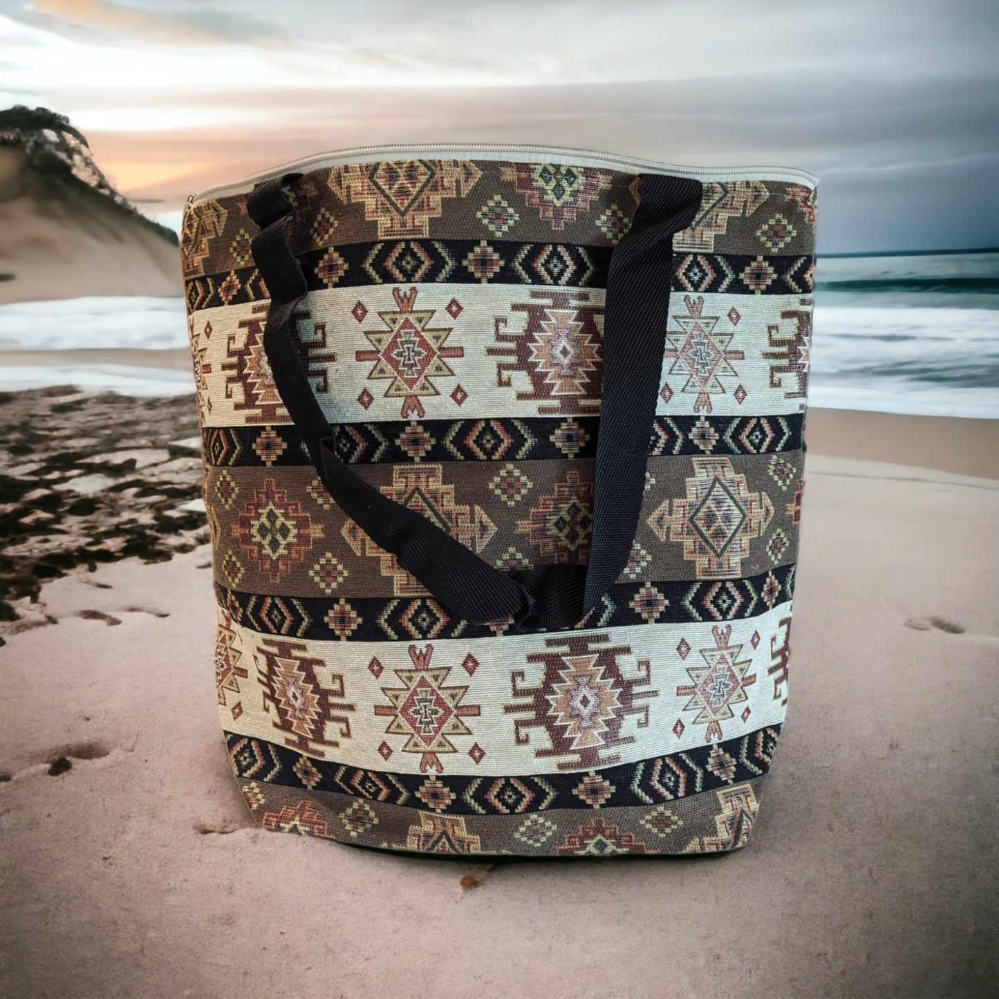 Elegant Cotton Tote, Beach Bag — Intricate Kilim Design, Aztec Print, Bohemian - The Humble Crescent