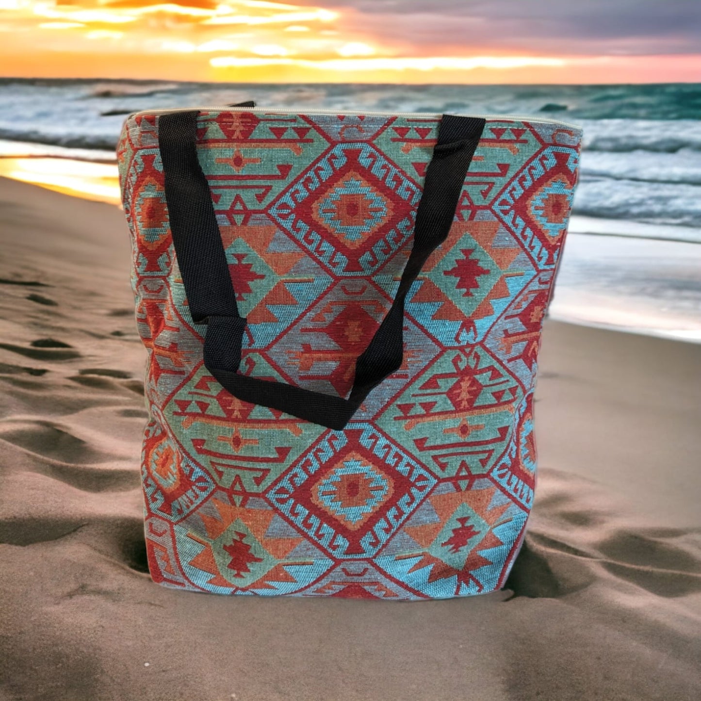 Elegant Cotton Tote, Beach Bag — Intricate Kilim Design, Aztec Print, Bohemian - The Humble Crescent