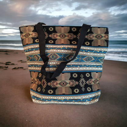 Elegant Cotton Tote, Beach Bag — Intricate Kilim Design, Aztec Print, Bohemian - The Humble Crescent