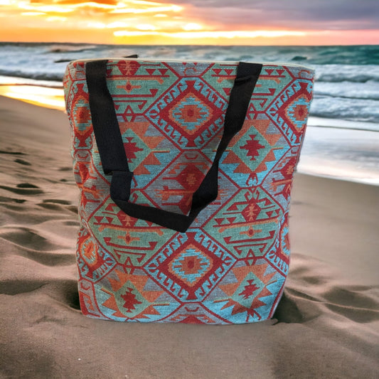 Elegant Chenille Tote, Beach Bag — Intricate Kilim Design, Aztec Print, Bohemian